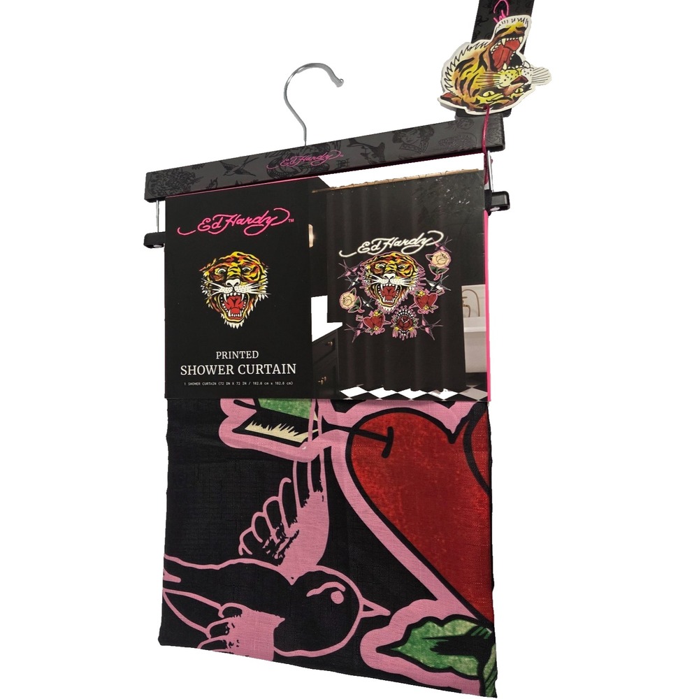 Ed Hardy Shower Curtain 72x72 Black Pink New Tiger Tattoo Roses Hearts Polyester